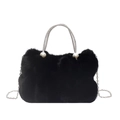 Black plush crossbody bag with rhinestone handle and pearl accents for women - Black