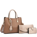 Brown leather handbag 3-piece set with white crocodile pattern handles and purses - Khaki Set