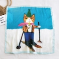 Square silk scarf with playful cartoon skiing cat print and sky blue border - Skiing Cat