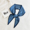 Blue floral long silk scarf tied in a bow with delicate white branch patterns - Gray Blue Starry Branch