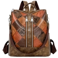 Retro multi-tone brown patchwork PU leather backpack for women with metal zippers - Brown