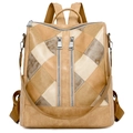 Retro multi-color patchwork PU leather backpack with geometric diamond stitching and zippers - Khaki