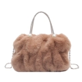Camel faux fur cloud bag with pearl rhinestone handle and silver chain strap - Khaki