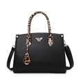 Structured black pebble leather tote bag with leopard print handles and metal plaque - Tote Bag Style / Black Leopard Patchwork