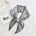 Blue skinny silk scarf with orange leaf print used as a handbag handle wrap - Gray Blue Leaf Print