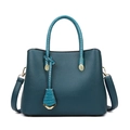 Dark cyan tote bag in lychee leather with crocodile pattern handles and golden hardware - Blue Single Bag