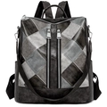 Retro patchwork faux leather backpack for women featuring grey and black diamond patterns - Black