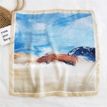 Silk square scarf featuring abstract blue ocean oil painting print and brown border - Beach Waves Painting