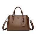 Dark brown lychee pattern leather tote bag with top handles and adjustable shoulder strap - Tan