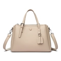 Elegant beige lychee texture tote bag with top handles and adjustable shoulder strap - Sand