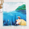Artistic silk square scarf featuring a lake view illustration in blue and green - Lakeside Girl