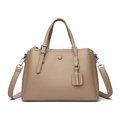 Khaki pebbled leather tote bag with top handles and adjustable shoulder strap for women - Tan