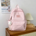 Pink seersucker texture school backpack with cute plush charm and rectangular front pocket - Small With Pendant / Pink