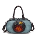 Vintage blue cylinder leather handbag with colorful 3D embossed peony flower pattern - Cyan