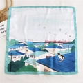 Square silk scarf with cat on house illustration and soft green border finish - Japanese Town