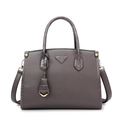 Dark grey leather tote bag featuring crocodile embossed handles and iconic triangle patch - Tote Bag Style / Gray