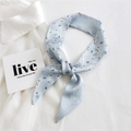 Light blue floral skinny silk scarf with bee print styled on a white shirt collar - White Rose Bee (8K White Rose)