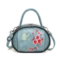 Blue retro handbag with plum blossom embroidery and detachable shoulder strap - Cyan