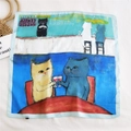 Square silk scarf with hand-painted cat illustration and light blue border trim - Cat Bar