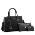 Black three-piece tote bag set with textured leather and metallic triangle detail - Tote Bag Wallet Pouch Style / Black