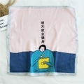 Pink and navy square silk scarf with humorous illustration laid on white background - Fitness Tomorrow
