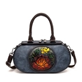 Retro dark blue cylinder bag with embossed floral pattern and brown leather straps - Blue