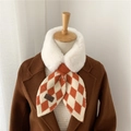 Detail of plush faux fur collar and argyle knit pattern scarf with leather handmade tag - Orange Argyle