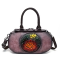 Vintage dark purple leather cylinder handbag with colorful floral relief and shoulder strap - Taro Purple