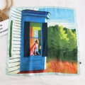 Edward Hopper style oil painting print square silk scarf with artistic blue house design - Expectant Eyes