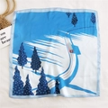 Blue silk square scarf with snow forest and red train pattern in artistic digital print - Tram in Snow