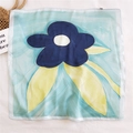 Square silk scarf with large blue floral print and yellow leaves on a light blue base - Five-Petal Painting
