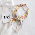 Narrow silk scarf with colorful fruit print on off-white fabric tied on shirt collar - Mixed Fruit Series (16K Fruit Series)