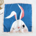 Blue satin square scarf featuring a realistic white rabbit illustration with pink borders - Big Head Rabbit
