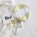 Narrow white silk scarf with yellow pear print tied in a bow on a white shirt - Bright Yellow Pear Pattern (17K Pear)