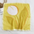 Bright yellow square silk scarf featuring artistic white tulip prints on a satin surface - Tulip Painting