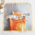 Square silk scarf with orange cartoon cat pattern on textured white fabric background - Fish-Eyed Cat