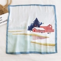 Winter snow scene print square silk scarf with blue border and house illustration - Red House by the River