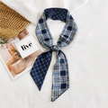 Fashionable twilly scarf featuring navy plaid and diamond patterns for handbag decoration - Grid Navy Blue