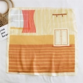 Elegant satin square scarf featuring abstract interior art print in warm yellow and orange - Indoor