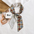 Classic double-sided plaid twilly scarf featuring retro check and grid patterns - Grid Beige