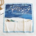 Square silk scarf featuring minimalist blue ocean and fish print for hair or neck styling - Beach School of Fish