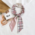 Pink and grey plaid narrow twilly silk scarf with satin finish and pointed ends - Gradient Plaid Pink