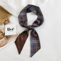 Retro plaid skinny silk scarf in coffee and blue tones tied in an elegant bow - Gradient Plaid Blue Brown