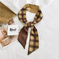 Classic plaid skinny silk scarf in brown and yellow tones with satin finish texture - Gradient Plaid Yellow