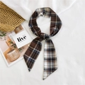 Elegant brown plaid silk scarf tied in a knot, perfect for hair or bag decoration - Double Plaid Brown