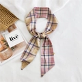 Pink, yellow and blue plaid skinny silk scarf twilly tied in a stylish ring layout - Double Plaid Pink