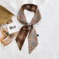 Brown plaid skinny silk scarf for women featuring Scottish check pattern and brand label - Double Plaid Orange