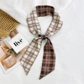 Elegant coffee plaid skinny silk scarf accessory for bags and hair styling - Fine Line Grid Brown