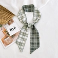 Elegant green and white plaid skinny silk scarf tied as a bow for hair or bag - Fine Line Grid Green Gray