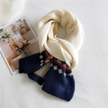 Thick beige knitted scarf with Nordic snowflake pattern and navy blue color block - Navy Blue